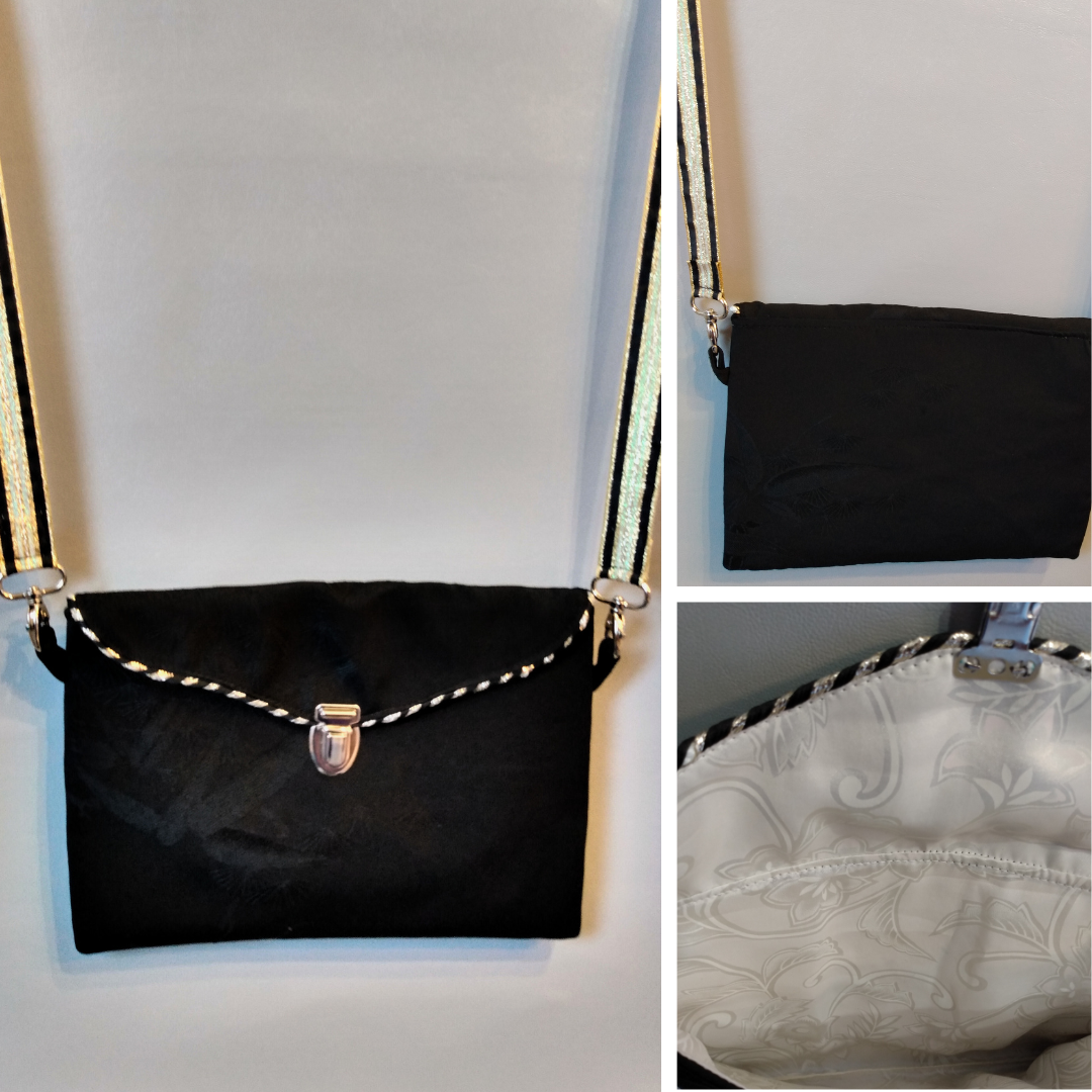 Différentes vue de la pochette Kawa noir.
Avant : pochette se fermant par un rabat et une attache cartable nickelée. Le rabat est passepoilé (or et noir).
Arrière : tissu extérieur noir à motifs plantes.
Intérieur : tissu fin à dominante beige et motifs floraux à reflets irisés.