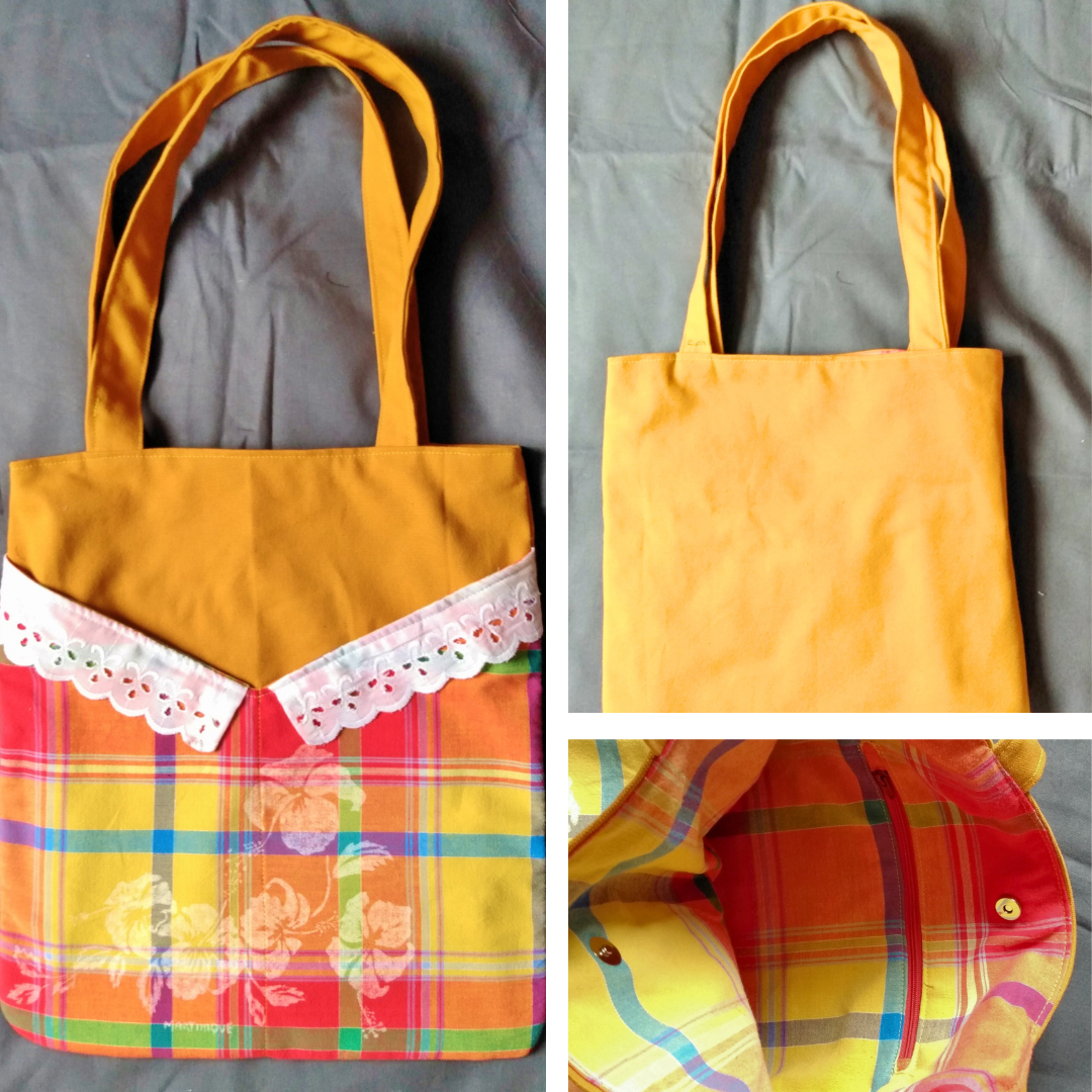 vues avant, arrière et intérieur du sac balad'In.
avant : tissu principal jaune moutarde. Deux poches plaquées à motif floral à carreaux style madras, surplombé de dentelle.
arrière : tissu uni jaune moutarde
intérieur : doublure en coton style madras et une poche zippée. Se ferme avec un fermoir magnétique.