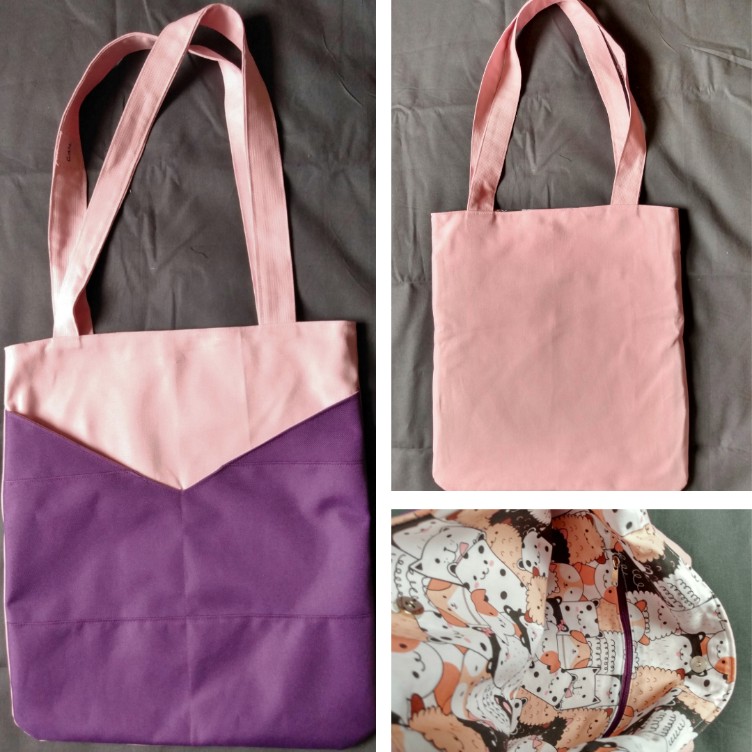 vue avant arrière et intérieur du sac balad'In rose et violet
avant : tissu principal rose uni. Deux poches plaquées unies violet. Anses roses.
Arrière : tissu uni rose
Intérieur : coton motif chiens saumon, blanc et noir. Une poche zippée. Le sac se ferme avec un fermoir magnétique.