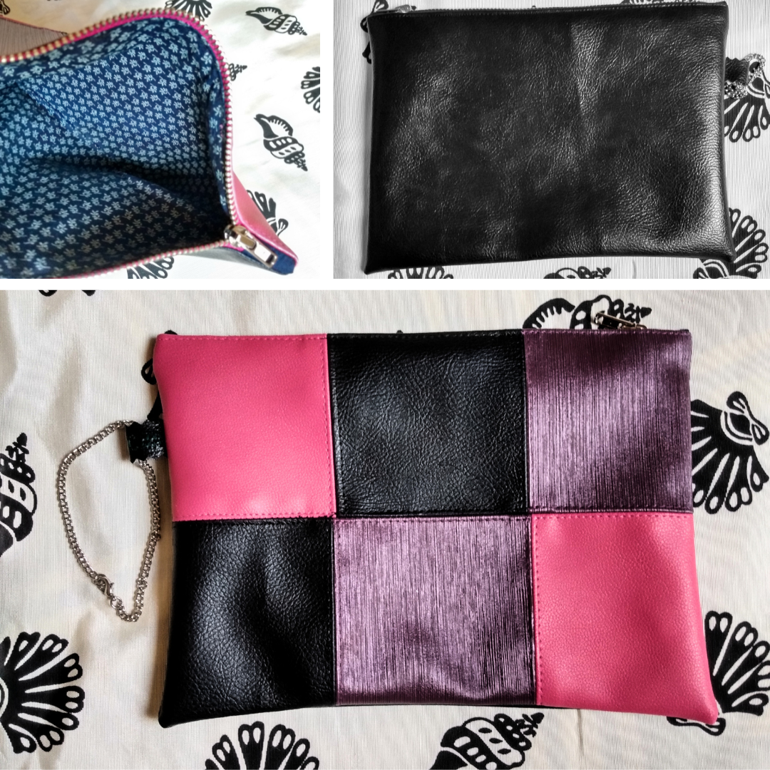 3 vues de la pochette formidam.
avant : simili cuir damier couleurs rose, violet et noir.
arrière : simili cuir noir.
intérieur : coton imprimé épis de blé beiges sur fond marine