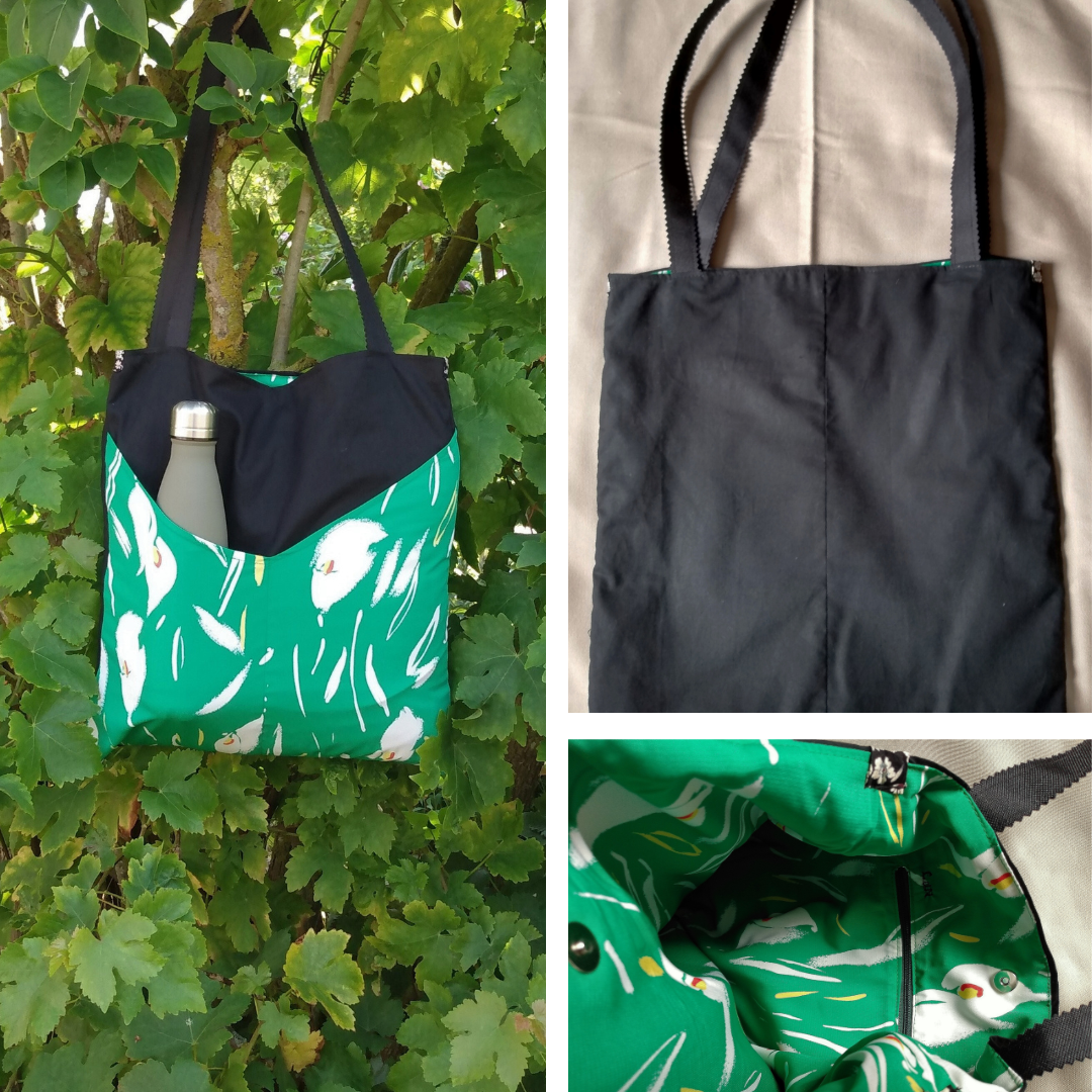 Vue avant, arrière et intérieur sac balad'in noir et vert.
avant : tissu principal noir et deux poches plaquées vertes avec des fleurs blanches. Anses pour porter le sac à l'épaule en toile à sac noire.
arrière : tissu coton uni noir.
intérieur : même tissu que les poches plaquées, une poche zippée et un fermoir magnétique.