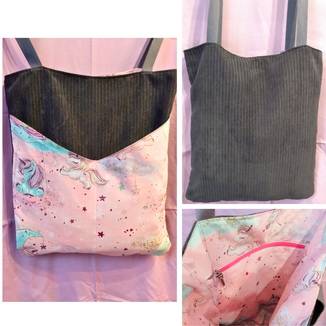 Vue avant, arrière et intérieur sac balad'in Licornes et gris.
avant : tissu principal velours rayé gris anthracite et deux poches plaquées coton imprimé rose pâle avec des licornes et étoiles bleu, rose et blanc pâle. Anses pour porter le sac à l'épaule en coton gris.
arrière : tissu velours gris anthracite rayé et uni.
intérieur : même tissu que les poches plaquées, une poche zippée et un fermoir magnétique.