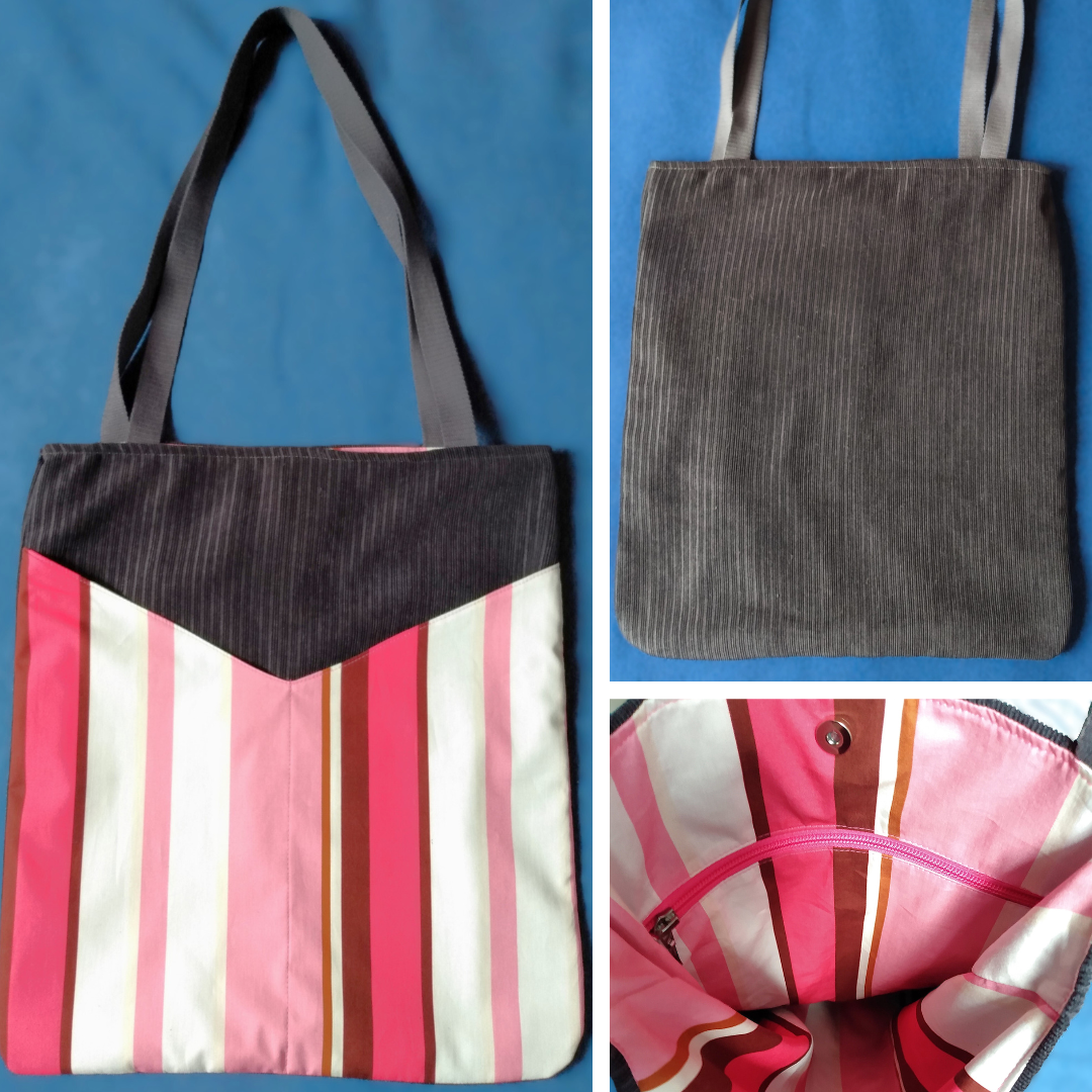 Vue avant, arrière et intérieur sac balad'in rayures roses et gris.
avant : tissu principal velours gris anthracite et deux poches plaquées à rayures verticales roses, marron et blanches. Anses pour porter le sac à l'épaule en coton gris.
arrière : tissu velours gris anthracite.
intérieur : même tissu que les poches plaquées, une poche zippée à fermeture rose et un fermoir magnétique.