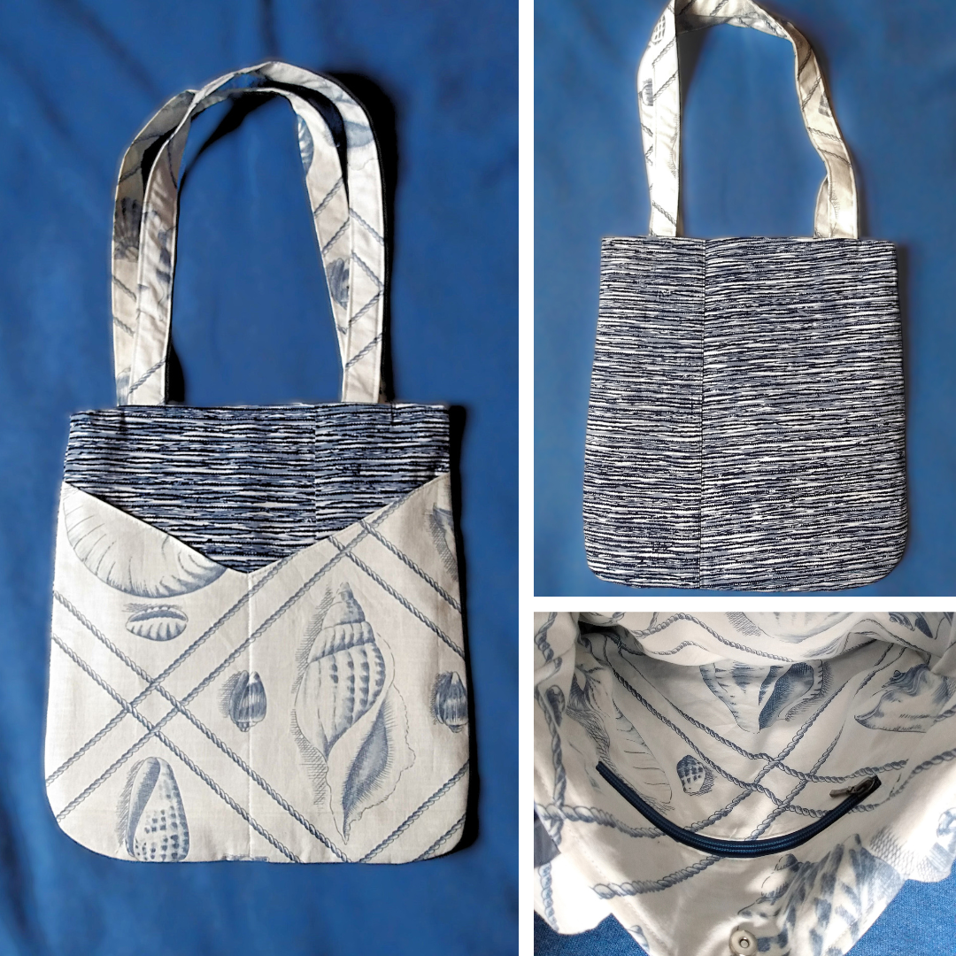 Vue avant, arrière et intérieur sac balad'in coquillages bleus.
avant : tissu principal à vaguelettes horizontals bleu marine, bleu clair et blanc. Avec deux poches plaquées blances à motifs gros coquillages et cordelettes gris bleus. Anses pour porter le sac à l'épaule dans le même tissu que les poches.
arrière : tissu principale à vaguelettes bleu et blanches.
intérieur : même tissu que les poches plaquées, une poche zippée à fermeture bleue et un fermoir magnétique.