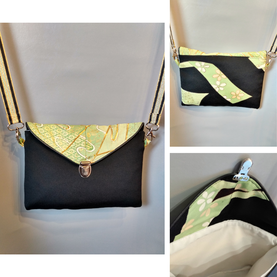 Différentes vue de la pochette Kawa vert et noir.
Avant : pochette se fermant par un rabat et une attache cartable nickelée. Le rabat est de couleur verte et or et passepoilé (noir). Le corps du sac est noir.
Arrière : tissu extérieur motifs floraux vert sur fond noir.
Intérieur : tissu fin à dominante beige.