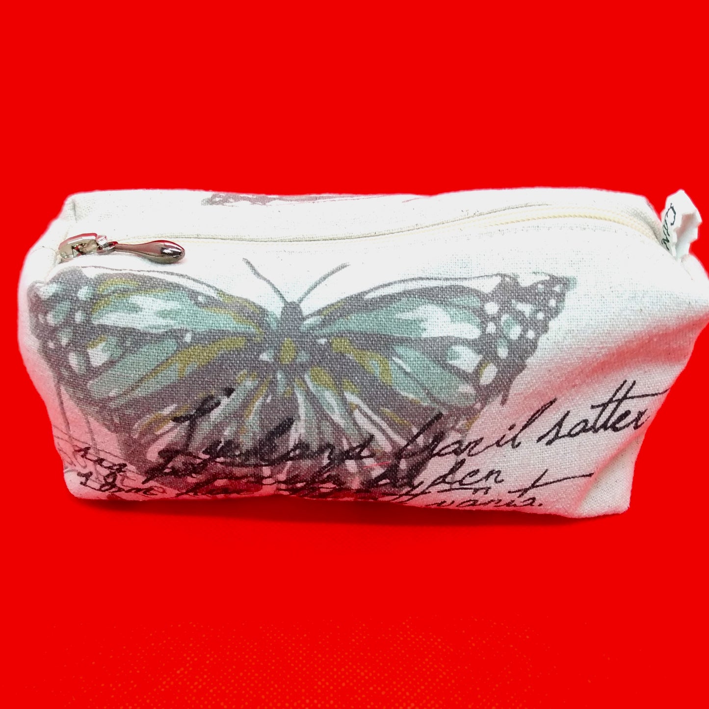 Trousse taille 1 tissu beige avec un gros motif papillon gris et vert-bleu. Des écritures noires sont également présentes. Se ferme par une fermeture éclair beige. L'étiquette "CdN" de la marque est présente sur un côté de la trousse.