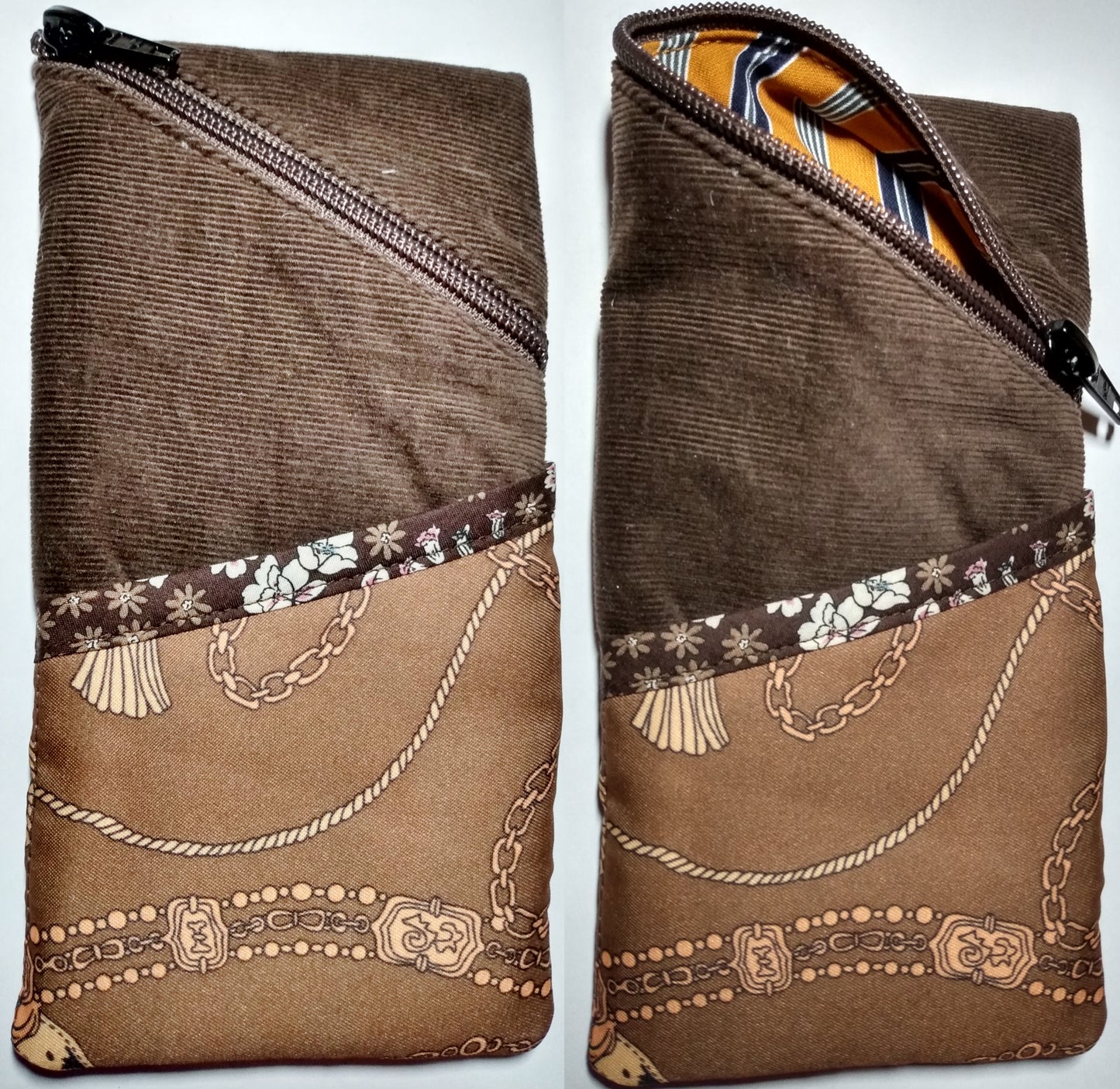 Étui à lunettes velours marron. Se ferme avec un zip marron. A l'extérieur, une poche marron plus clair à motifs chaînettes, surmontée d'un biais marron à fleurs est visible à l'avant, sur la moitié basse de l'étui. L'intérieur est à rayures orange et bleu marine.