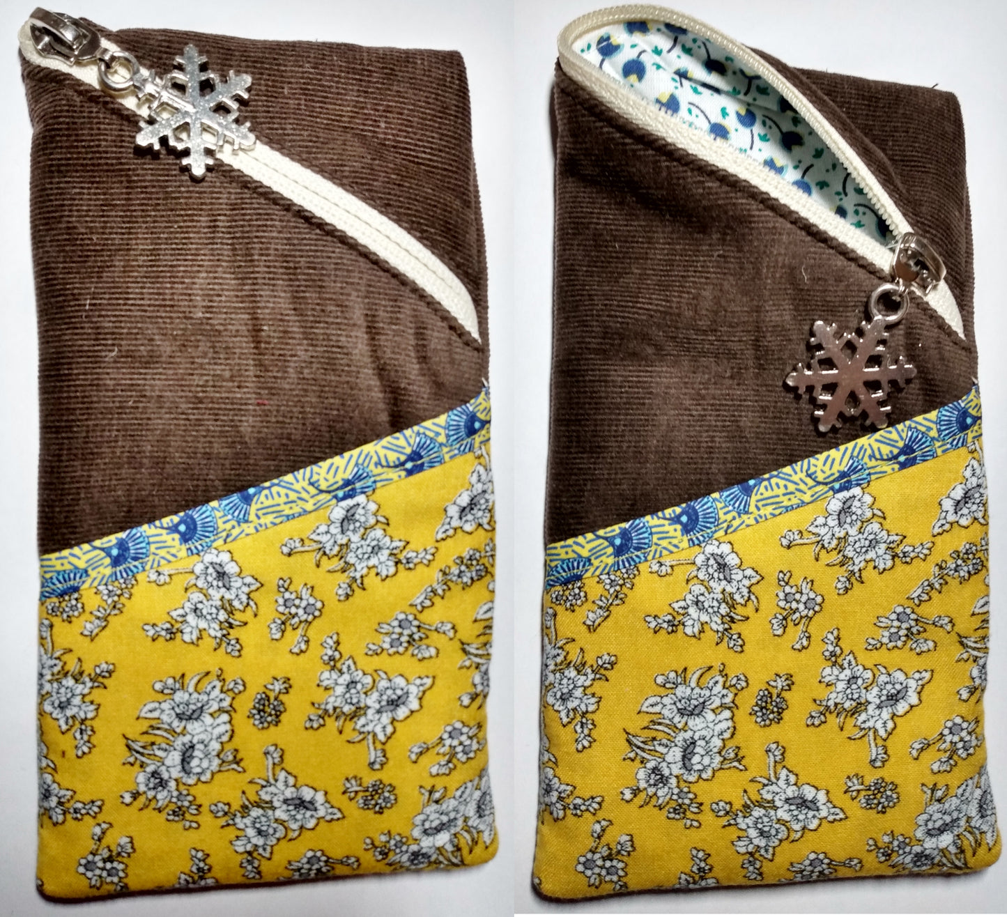 Étui à lunettes velours marron foncé. Se ferme avec un beige avec un curseur en forme de flocon. A l'extérieur, une poche fleurs blanches sur fond jaune, surmontée d'un biais jaune motif éventails bleus est visible à l'avant, sur la moitié basse de l'étui. L'intérieur est en coton blanc motif tulipes bleues.