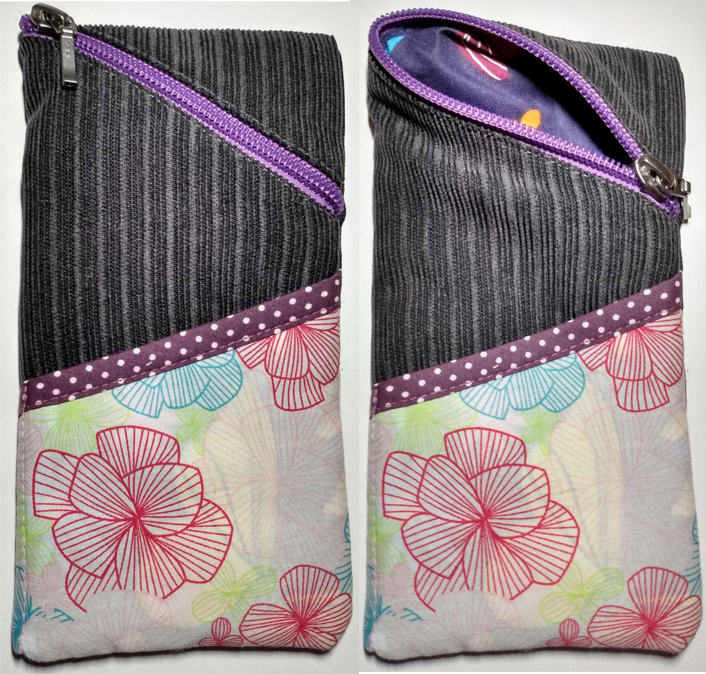Étui à lunettes velours gris anthracite. Se ferme avec un zip violet. A l'extérieur, une poche fleuri dans les tons pastels rose ouverte, surmontée d'un biais violet à pois blancs est visible à l'avant, sur la moitié basse de l'étui. L'intérieur est multicolore.