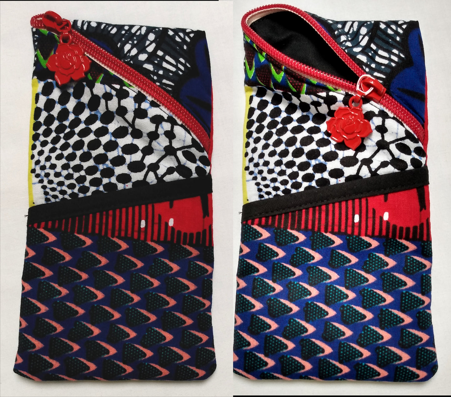 Étui à lunettes wax multicolore. Se ferme avec un zip rouge curseur forme de fleur. A l'extérieur, une poche ouverte surmontée d'un biais noir est visible à l'avant.