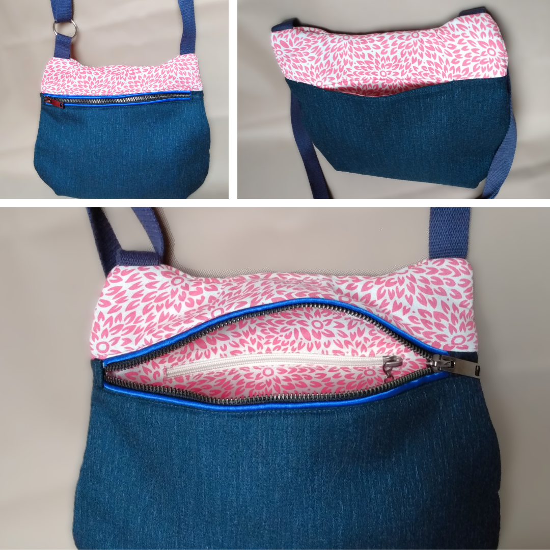 Différentes vues du sac : avant, arrière et intérieur.
extérieur : bandoulière réglable et bas du sac en tissu kimono bleu marine. Haut du sac en coton beige à fleurs roses. Fermeture et ouverture via un zip passepoilé.
Poche ouverte à l'arrière du sac.
intérieur : doublure de même couleur que le haut du sac et une poche zippée