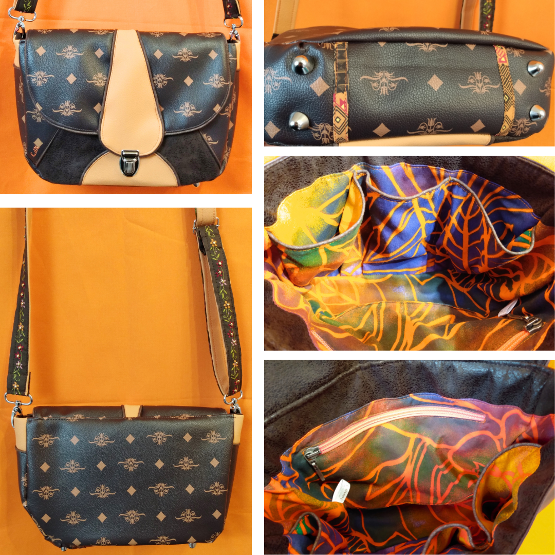 Différentes vues du sac Vegas marron. 1) vue avant, voir photo précédente. 2) vue arrière simili cuir marron foncé à motifs fleurs et losanges beige. 3) vue dessous du sac, 4 pieds métal et un empiècement central en simili marron à fleurs et losanges. 4) vue intérieure, coton multicolore à motifs oranges grandes feuilles. On voit 3 poches passepoilées. 5) autre vue intérieure du sac. On voit ne poche zippée, le zip est rose orangé.