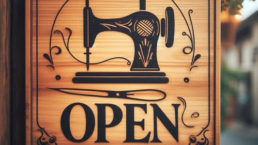 pancarte représentant une machine à coudre ancienne et avec l'écriteau open