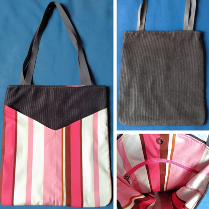 Vue avant, arrière et intérieur sac balad'in rayures roses et gris.
avant : tissu principal velours gris anthracite et deux poches plaquées à rayures verticales roses, marron et blanches. Anses pour porter le sac à l'épaule en coton gris.
arrière : tissu velours gris anthracite.
intérieur : même tissu que les poches plaquées, une poche zippée à fermeture rose et un fermoir magnétique.