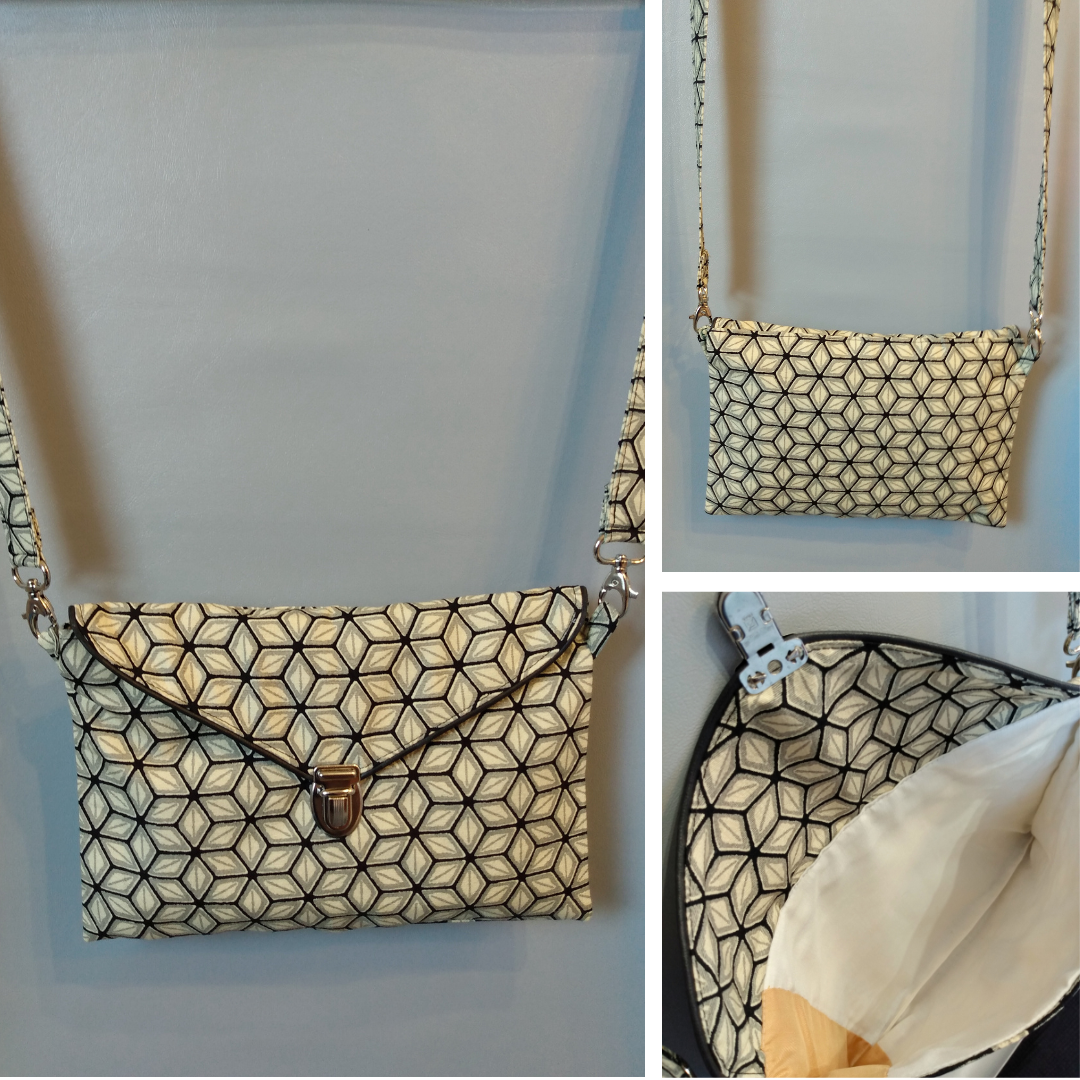 Différentes vue de la pochette Kawa beige à motifs géométriques noirs.
Avant et arrière : pochette se fermant par un rabat et une attache cartable nickelée. Le rabat est passepoilé (noir). Tissu extérieur motif étoile beige gris et noir
Intérieur : tissu fin à dominante beige.