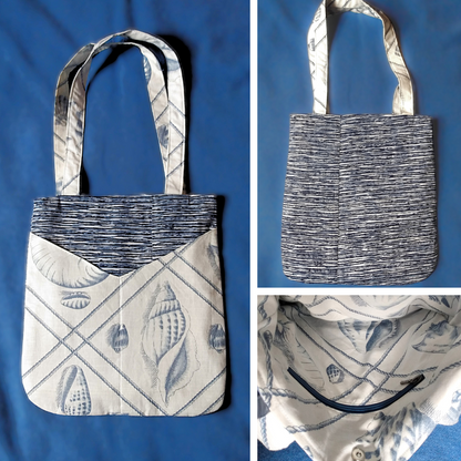 Vue avant, arrière et intérieur sac balad'in coquillages bleus.
avant : tissu principal à vaguelettes horizontals bleu marine, bleu clair et blanc. Avec deux poches plaquées blances à motifs gros coquillages et cordelettes gris bleus. Anses pour porter le sac à l'épaule dans le même tissu que les poches.
arrière : tissu principale à vaguelettes bleu et blanches.
intérieur : même tissu que les poches plaquées, une poche zippée à fermeture bleue et un fermoir magnétique.