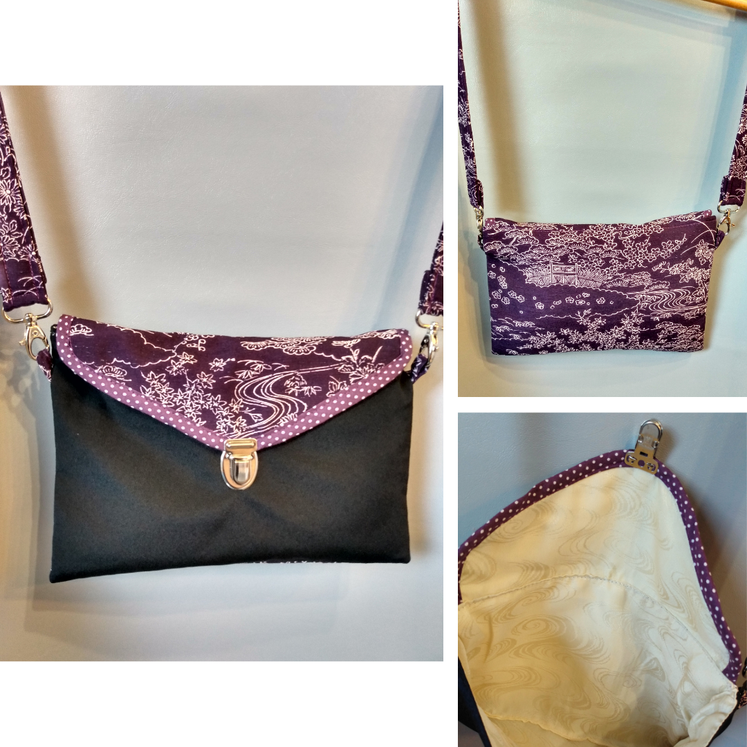 Différentes vue de la pochette Kawa Violet et noir.
Avant : pochette se fermant par un rabat (motifs paysage blanc sur fond violet) et une attache cartable nickelée. Le rabat est entouré d'un biais violet à pois blancs.
Arrière : paysage blanc sur fond violet
Intérieur : tissu fin à dominante beige et motifs floraux à reflets irisés.