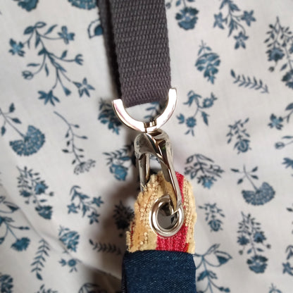 Attache de la sangle au sac banane. La sangle est en coton gris. Elle est liée à un mousqueton métal. Ce mousqueton est attaché à la banane via un œillet métal. La sangle est donc amovible et réglable.