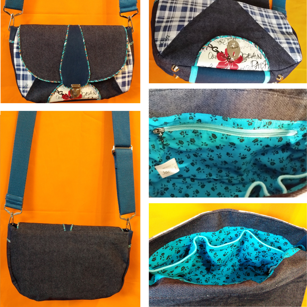 Différentes vues du sac Vegas en jean. 1) vue avant, voir photo précédente. 2) vue arrière jean bleu foncé. 3) vue avant rabat ouvert, voir photo précédente. 4) vue intérieure, coton bleu clair à petites roses noires. Une poche zippée avec zip bleu clair est visible. 5) autre vue intérieure  avec 3 poches passepoilées.